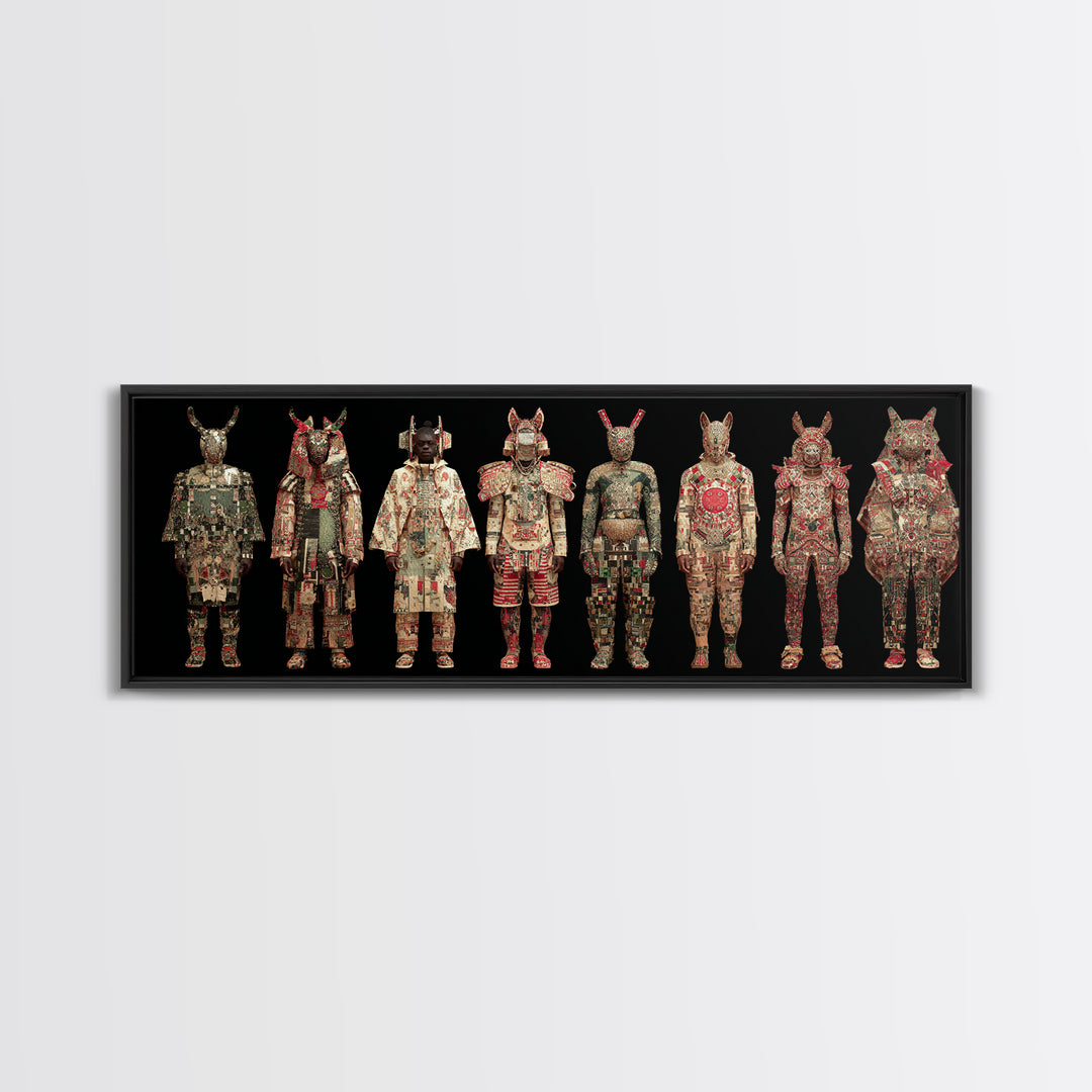 Ornate Masked African Warrior Lineup Canvas Print, African Tribal Art, African Mask Art, Bold Home Decor, Cultural Wall Art