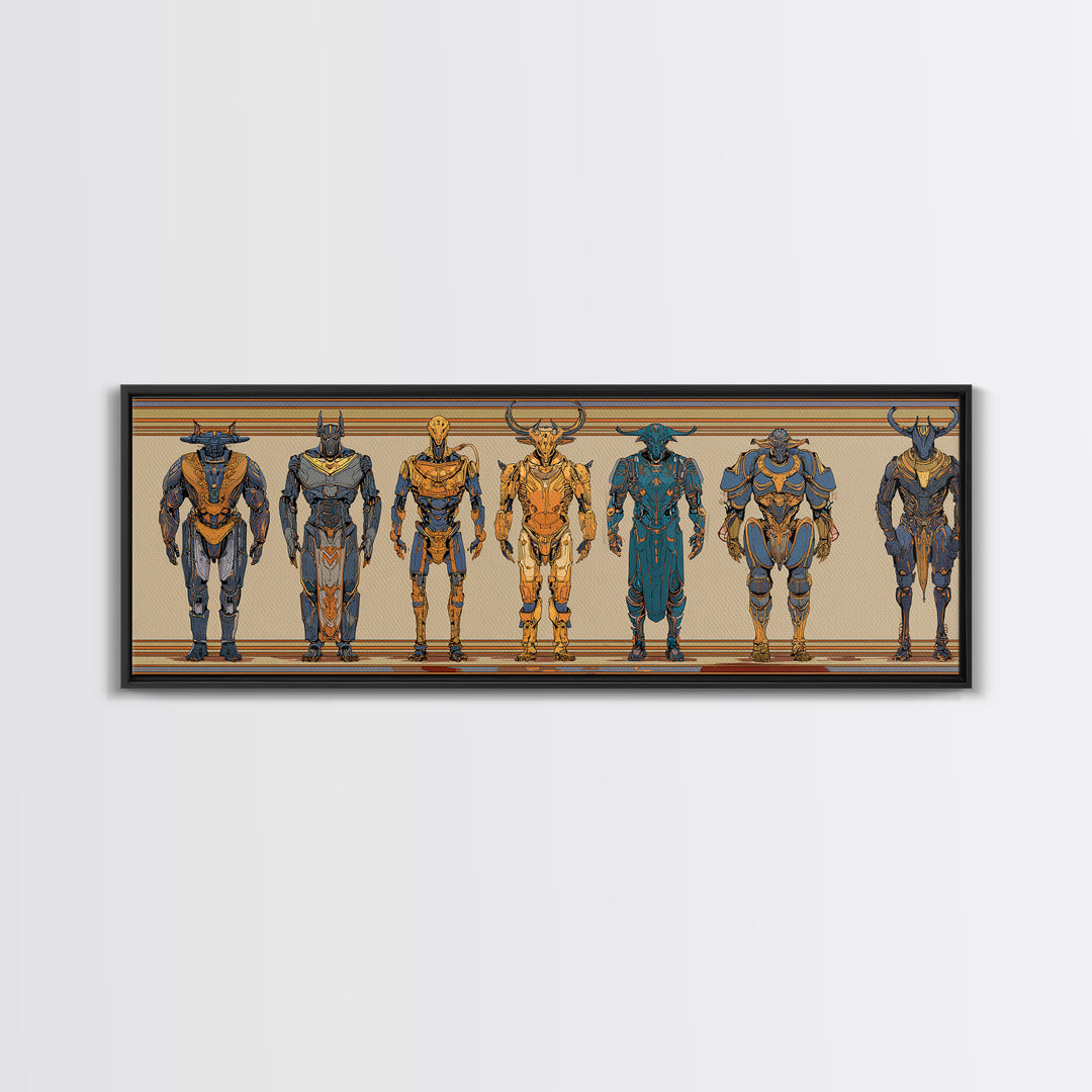 Horned Mythic Armored Warriors Framed Canvas Print, African Warrior Art, Tribal Art Decor, Modern African Art, Bold Wall Decor