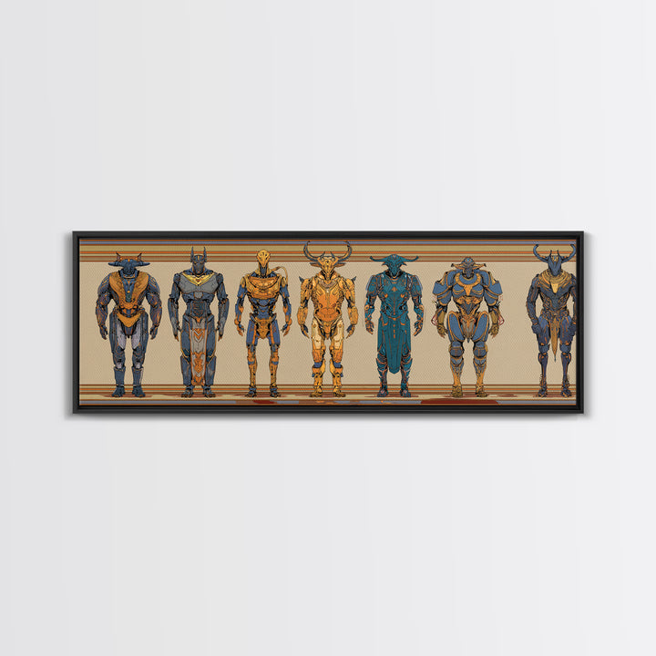 Horned Mythic Armored Warriors Framed Canvas Print, African Warrior Art, Tribal Art Decor, Modern African Art, Bold Wall Decor
