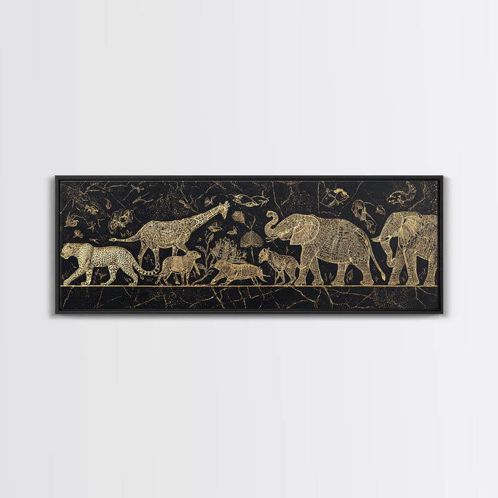Gold Safari Animals On Black Wall Art, African Elephant, African Giraffes, Jungle African, Luxury Canvas Art, Safari Decor