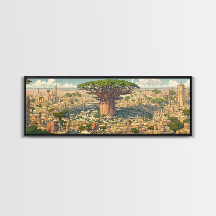 Giant Baobab Futuristic African City Wall Art, Panoramic Afrocentric Landscape Print, Modern Safari Decor Gift, Living Room Decor