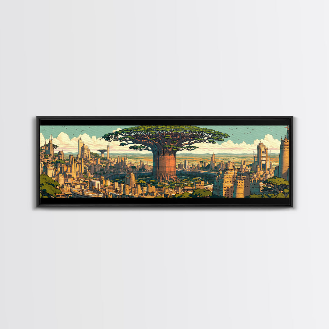 Colossal Baobab In Golden Futuristic City Framed Canvas Print, African Wall Art, Modern Afrocentric Office Decor, Large Statement Piece
