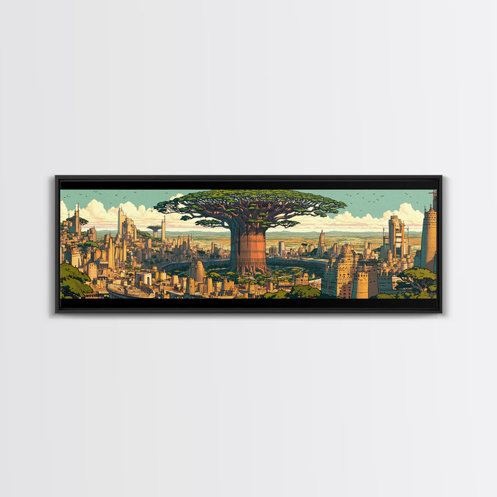 Colossal Baobab In Golden Futuristic City Framed Canvas Print, African Wall Art, Modern Afrocentric Office Decor, Large Statement Piece