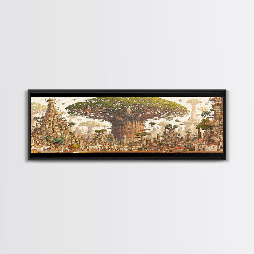 Ancient Baobab Rising Through African City Wall Art, Sepia Fantasy Landscape, Cultural Home Decor, Panoramic Print, Gallery Wall Decor