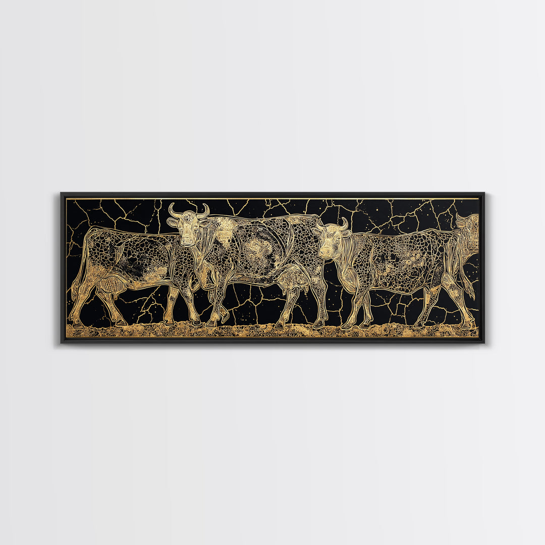 Gold Engraved African Cattle Herd Canvas Print, Black And Gold Safari Animal Art, Rustic Farmhouse Wall Decor Gift For Him