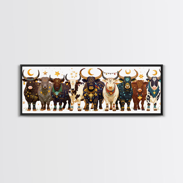 Celestial Boho African Bulls With Moon Charms Canvas Print, Colorful Safari Animal Wall Decor, Afrocentric Housewarming Gift