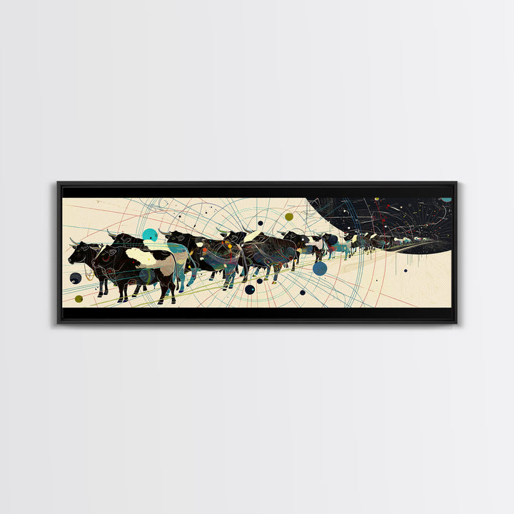 Abstract African Cattle Herd With Geometric Map Lines Framed Canvas Print, Modern Black Wall Art, Contemporary Office Decor