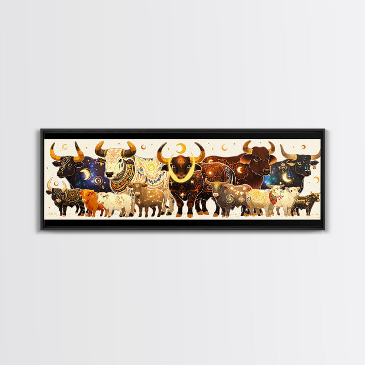 Ornate Celestial African Bulls And Calves Canvas Print, Moon Phase Safari Animal Wall Art, Boho Farmhouse Decor Gift For Her