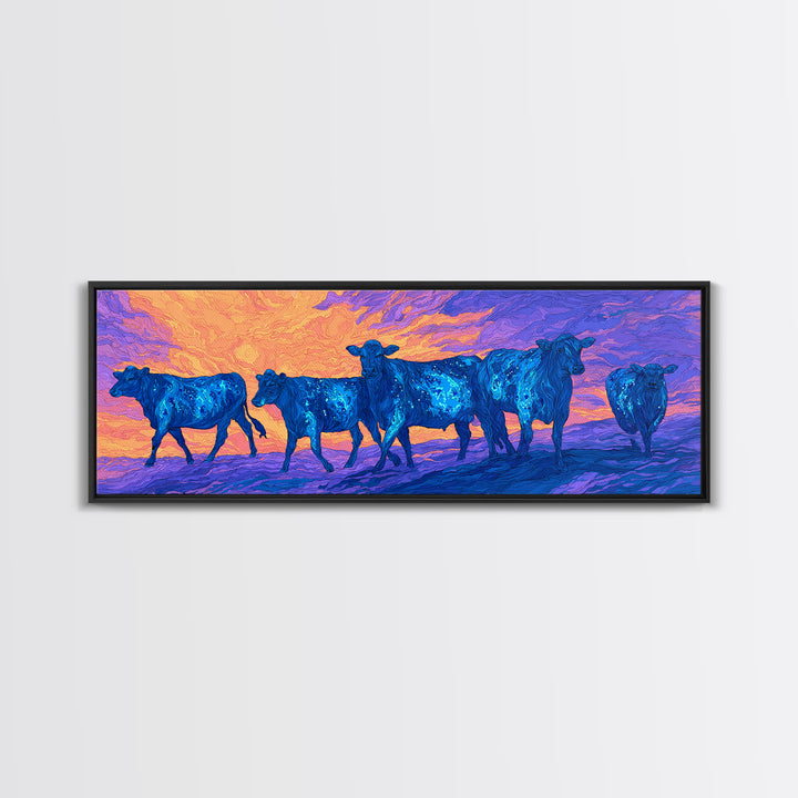 Blue Cattle Herd Walking At Sunset Wall Art, Colorful African Safari Animal Print, Dreamy Landscape Canvas Decor, Living Room Gift