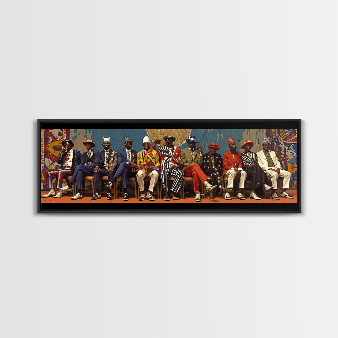 Seated African Dandy Chiefs In Colorful Suits Framed Canvas Print, Afrocentric Wall Decor, Black Culture Statement Art Gift
