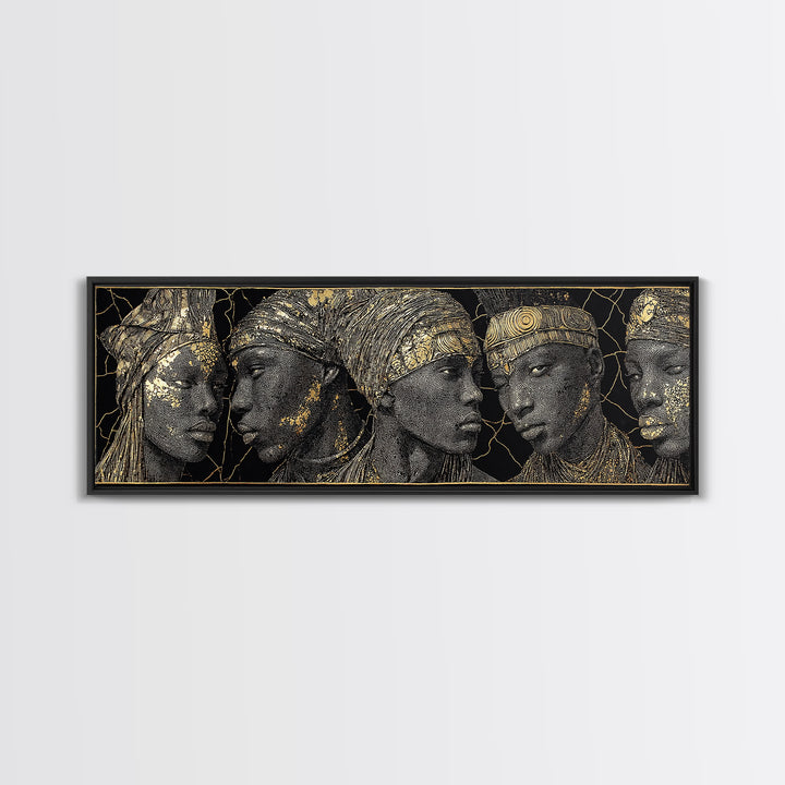Gold Etched African Elder Profiles On Black Canvas Print, Elegant Tribal Portrait Wall Art, Luxury Afrocentric Home Decor