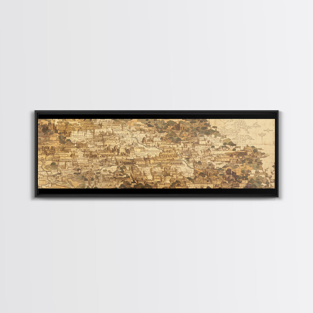 Sepia African Coastal Town Canvas Print, Historic Architecture Map Style, Neutral Cultural Wall Art For Office And Home Decor