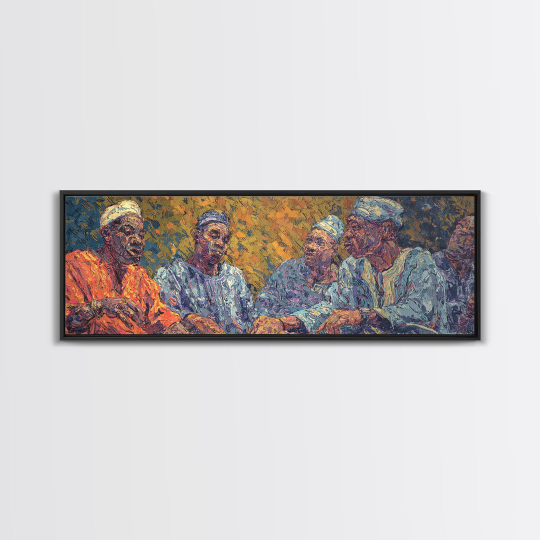 Elder African Men In Blue Robes Framed Canvas Print, Expressive Portrait Wall Decor, Cultural Painting, Afrocentric Art Gift