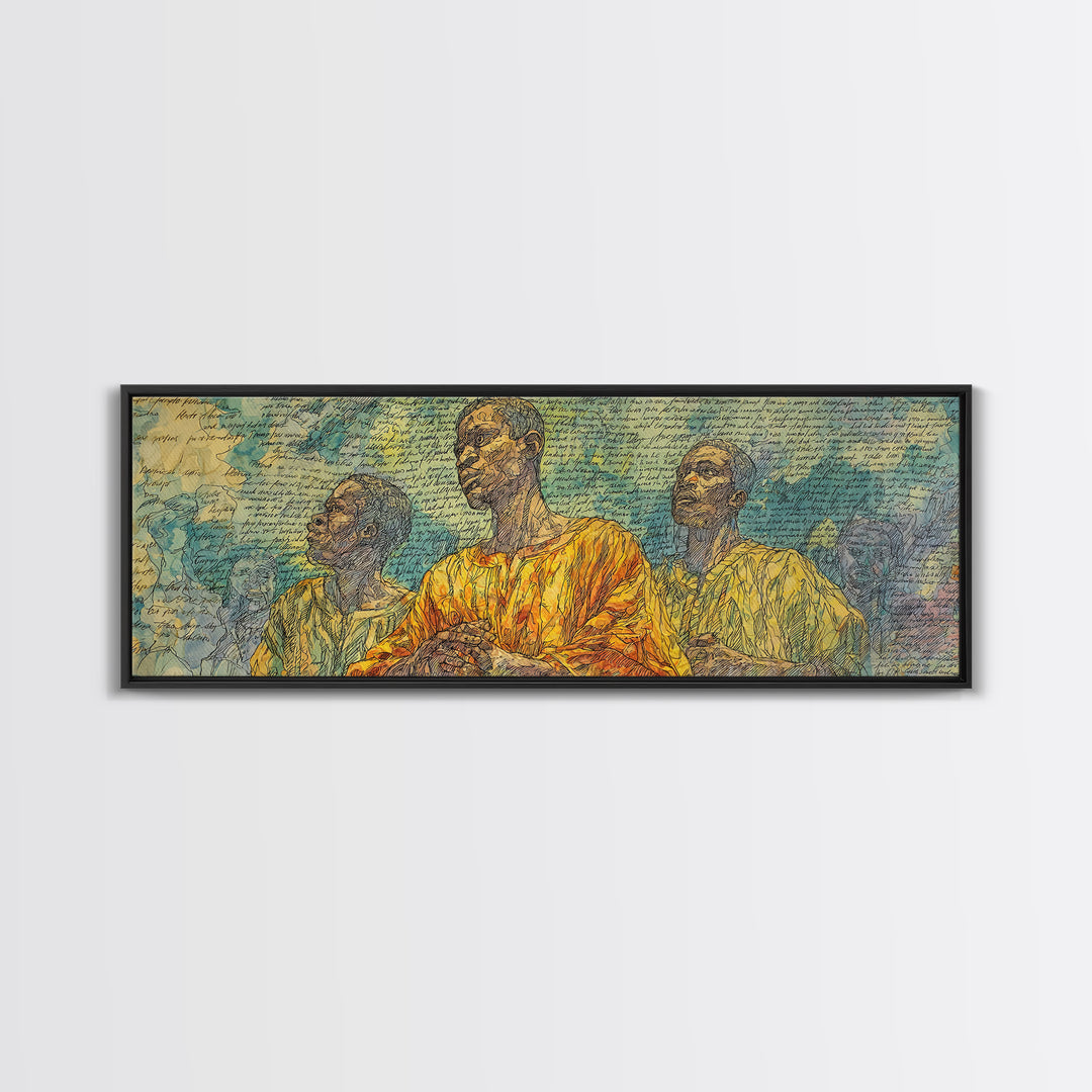 Three African Men Portrait Wall Art, Handwritten Script Texture, Yellow Blue Cultural Decor, Modern Afrocentric Canvas Print