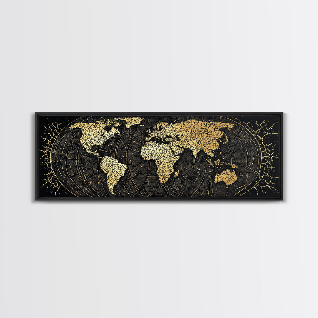 Gold Cracked World Map On Black Canvas Print, African Travel Wall Art, Luxury Home Decor, Modern Office Decor, Gift For Him