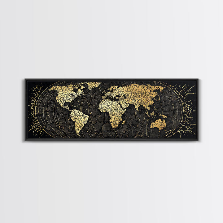 Gold Cracked World Map On Black Canvas Print, African Travel Wall Art, Luxury Home Decor, Modern Office Decor, Gift For Him
