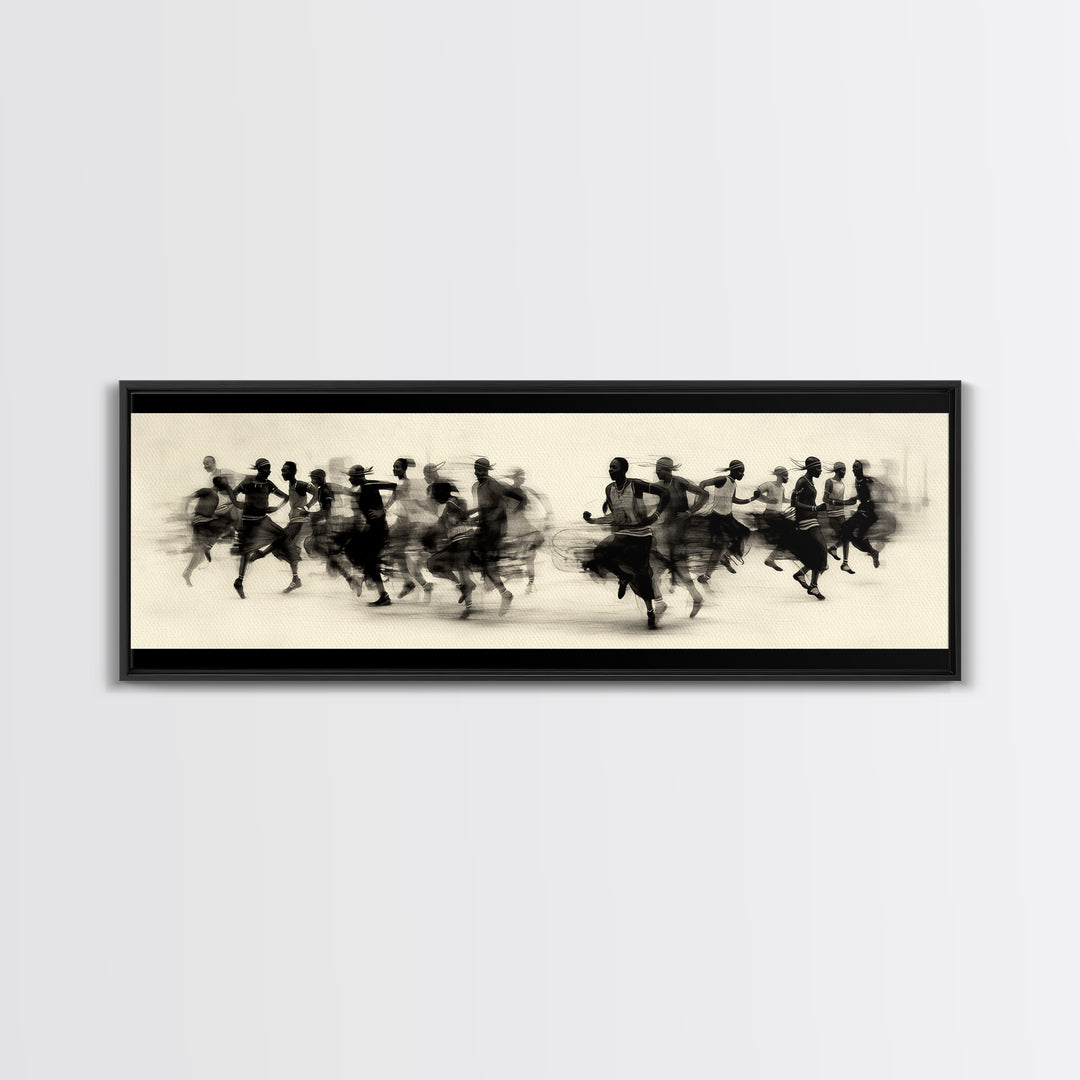Panoramic Black Runners In Motion Wall Art, African Dance Art Print, Minimalist Charcoal Canvas Print, Modern Home Decor
