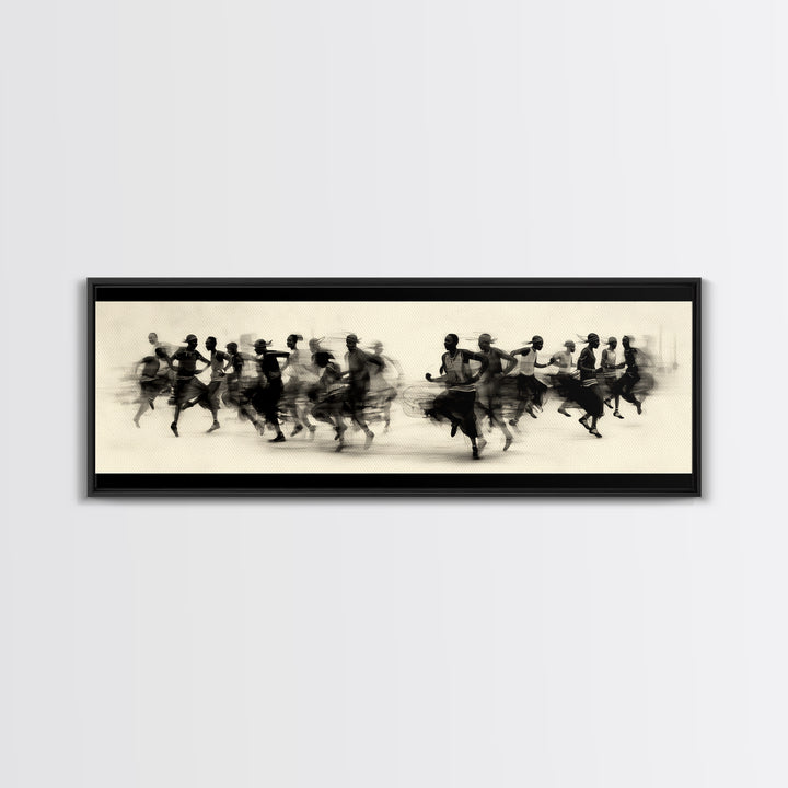 Panoramic Black Runners In Motion Wall Art, African Dance Art Print, Minimalist Charcoal Canvas Print, Modern Home Decor