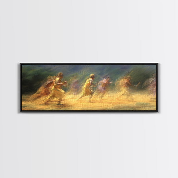 Sunlit Impressionist Runners Across Landscape Wall Art, African Inspired Canvas Print, Dreamy Nature Scene Art, Large Decor Art