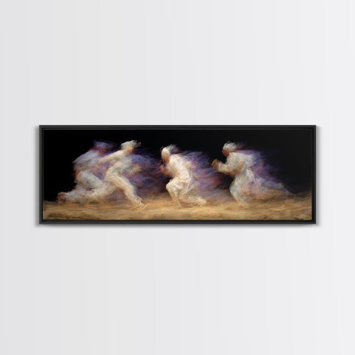 Ghostly African Runners In Sand And Violet Motion Canvas Print, Abstract Black Art, Athletic Dance Decor, Modern Wall Decor