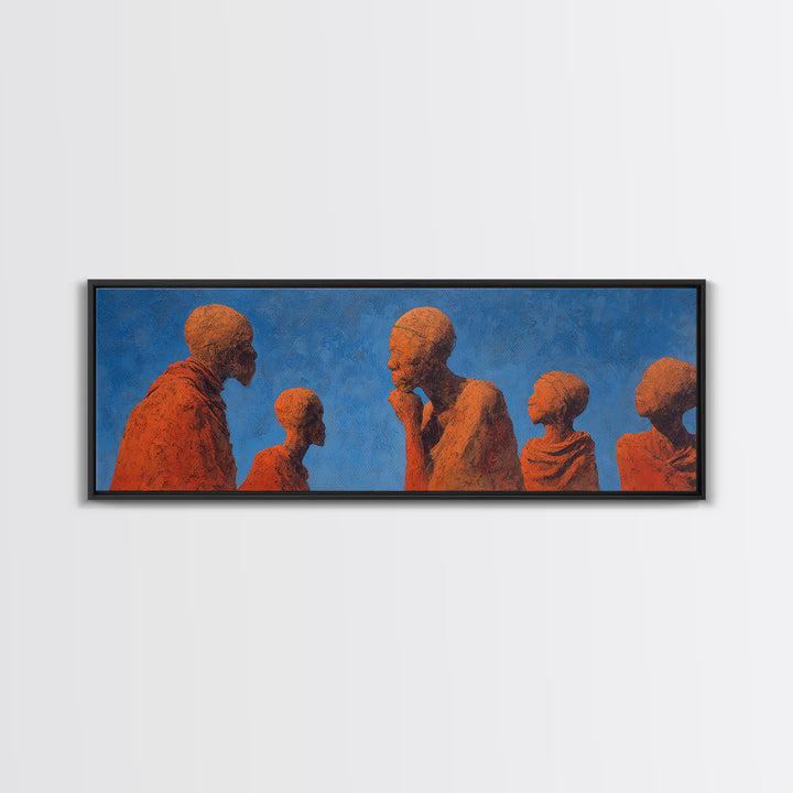 Terracotta African Figures Sharing Stories On Blue Wall Art, Tribal Family Decor, Cultural Portrait Print, Warm Minimalist Art