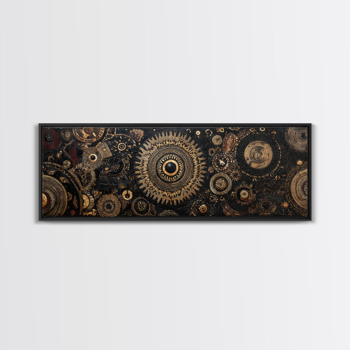 Ornate Black And Gold Mandala Gears Abstract Wall Art, Luxury Canvas Decor, Geometric Pattern Print, Elegant Home Decor Art