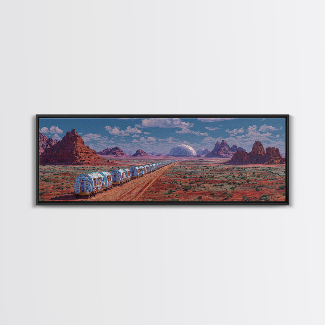 Futuristic Desert Train Crossing Red Plains Canvas Print, African Landscape Wall Art, Modern Canvas Art, Large Home Decor