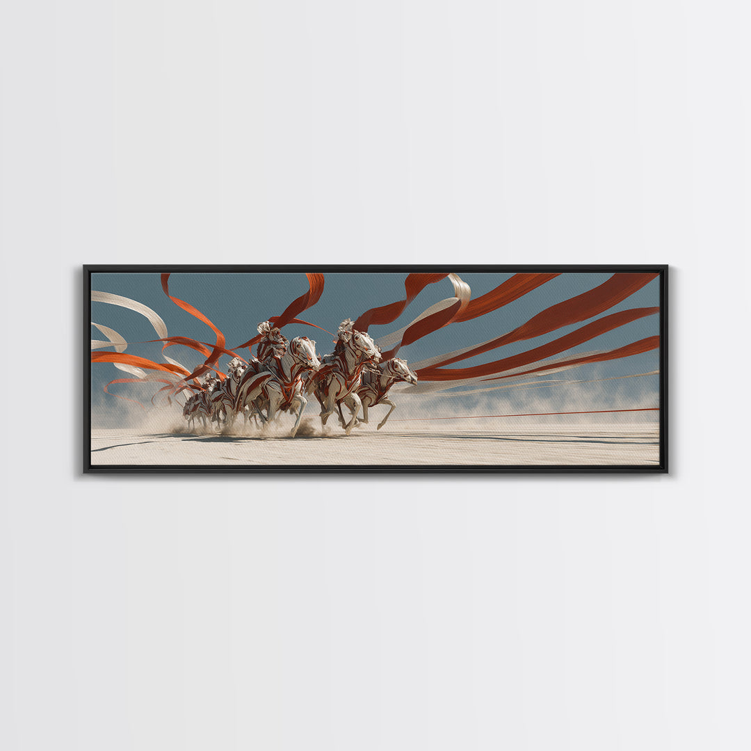 White Horses And Chariot Riders With Flowing Ribbons Wall Art, African Warrior Art, Equestrian Canvas Print, Statement Decor