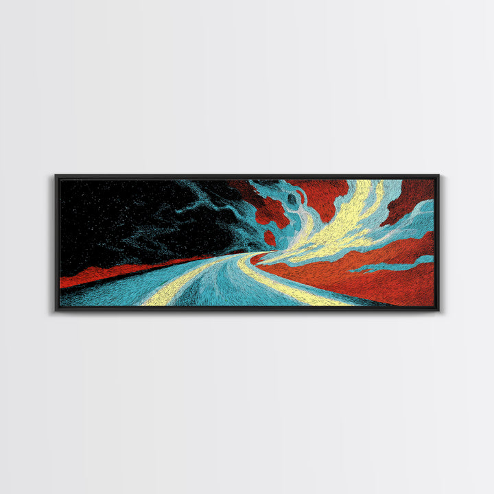 Electric Desert Highway Wall Art, Abstract Red Turquoise Road, Modern Canvas Decor, Large Statement Art For Living Room Decor