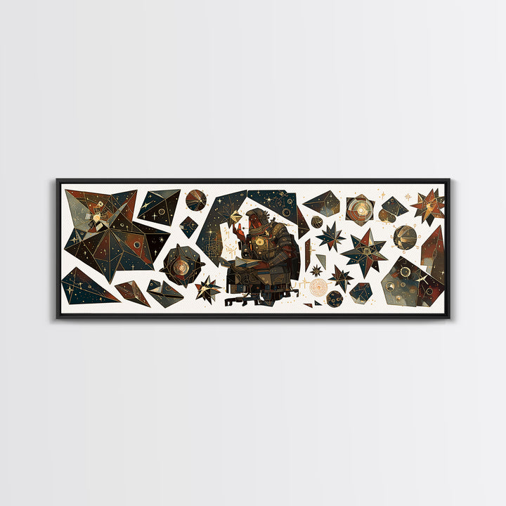 Celestial African Scholar Wall Art, Geometric Stars And Astronomy Decor, Afrocentric Canvas Print For Office Or Study Room