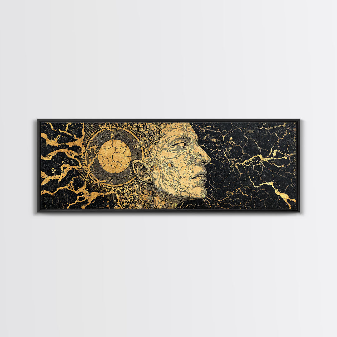 Golden Ancestral Profile Wall Art, African Portrait Linework, Black And Gold Cultural Canvas Print, Elegant Home Decor Gift