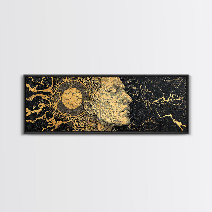 Golden Ancestral Profile Wall Art, African Portrait Linework, Black And Gold Cultural Canvas Print, Elegant Home Decor Gift