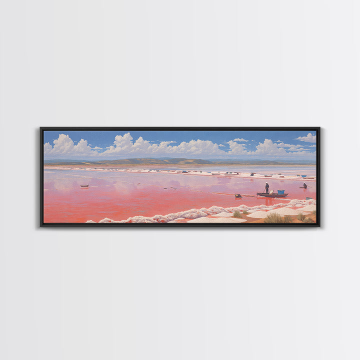 Pink Salt Lake Boats Wall Art, Pastel African Landscape, Coastal Travel Poster, Serene Canvas Decor For Living Room Gift