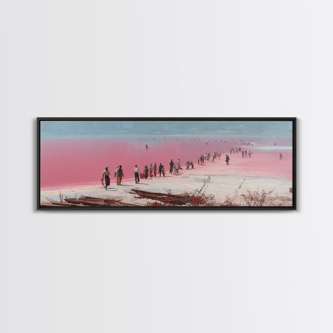 Pink Salt Flats Procession Wall Art, African Lake Landscape, Coastal Travel Poster, Pastel Canvas Decor For Living Room Gift