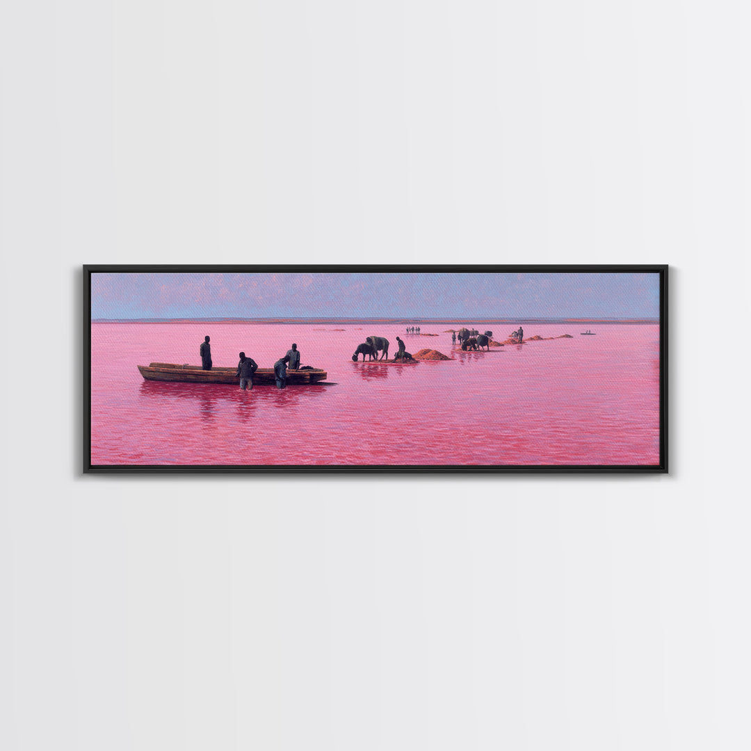 Pink Lake Salt Harvest Canvas Print, African Boats And Cattle Landscape, Coastal Wall Decor, Unique Living Room Art Gift