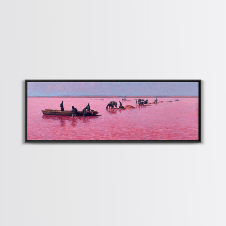 Pink Lake Salt Harvest Canvas Print, African Boats And Cattle Landscape, Coastal Wall Decor, Unique Living Room Art Gift