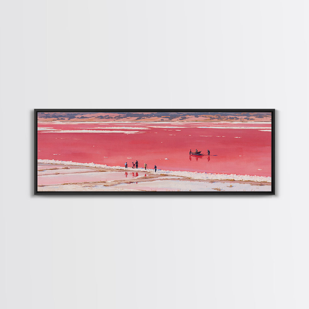 Red Pink Salt Lake Boat Wall Art, African Coastal Landscape, Minimal Travel Poster, Vibrant Canvas Style For Living Room Decor