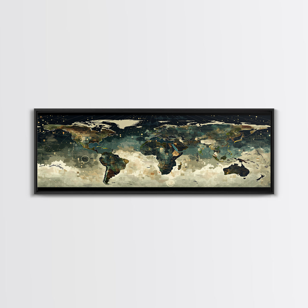 Abstract World Map Wall Art, Earth Tone Travel Decor, Modern Canvas Print Style, Office Geography Poster For Home Office Decor