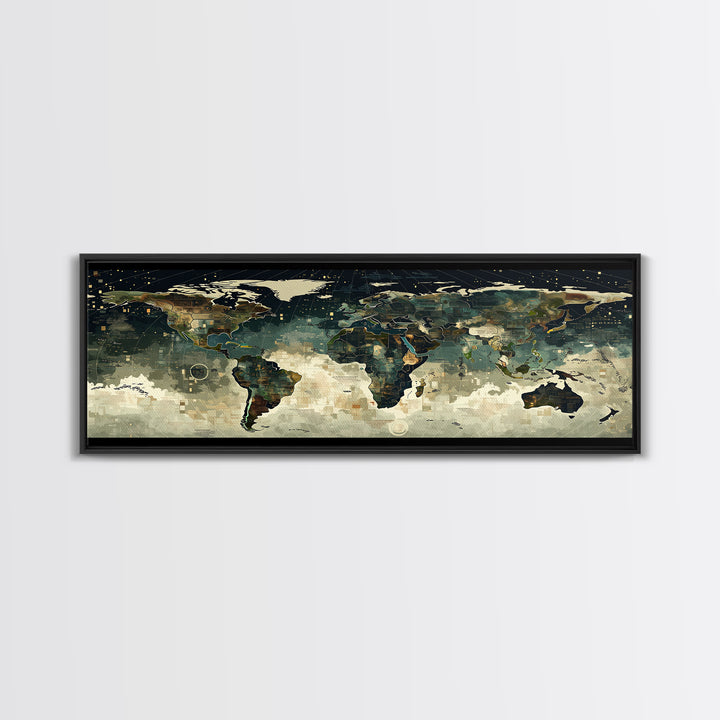 Abstract World Map Wall Art, Earth Tone Travel Decor, Modern Canvas Print Style, Office Geography Poster For Home Office Decor