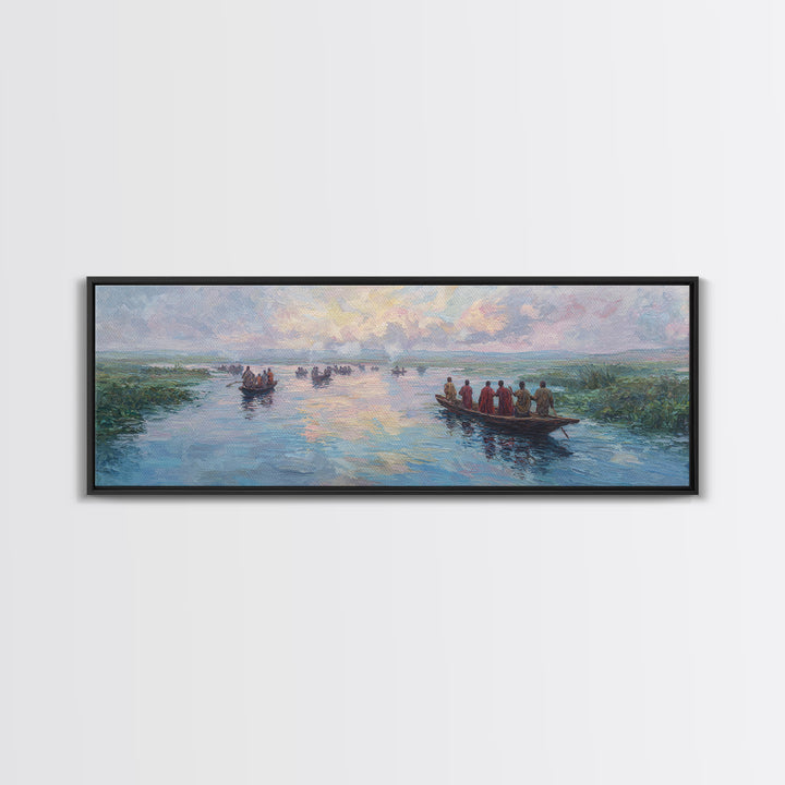 Pastel River Boats At Sunset Wall Art, African Landscape Canvas Print, Serene Safari Decor, Coastal Living Room Gift For Home