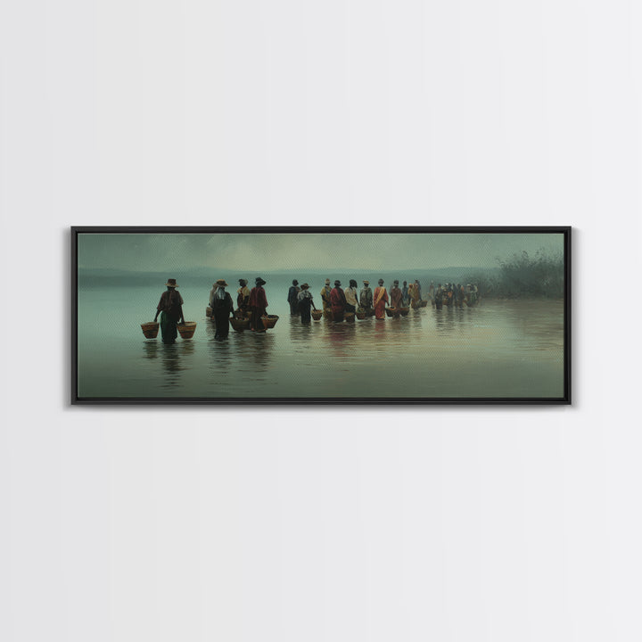 Misty African Fishermen Procession Wall Art, Panoramic Lake Landscape, Cultural African Decor, Serene Safari Home Decor Gift