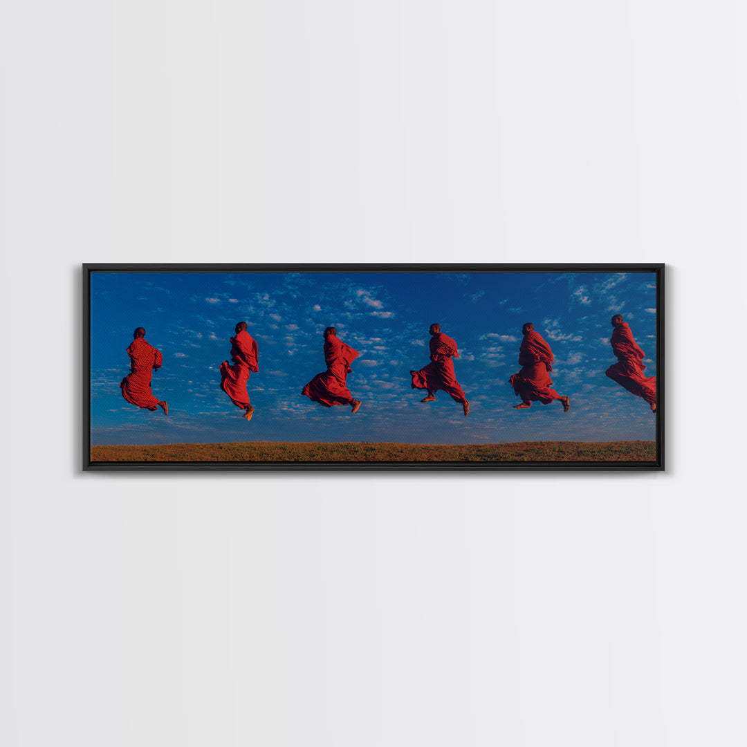Floating Red Maasai Dancers Framed Canvas Print, African Wall Art, Tribal Safari Decor, Vibrant Cultural Living Room Art