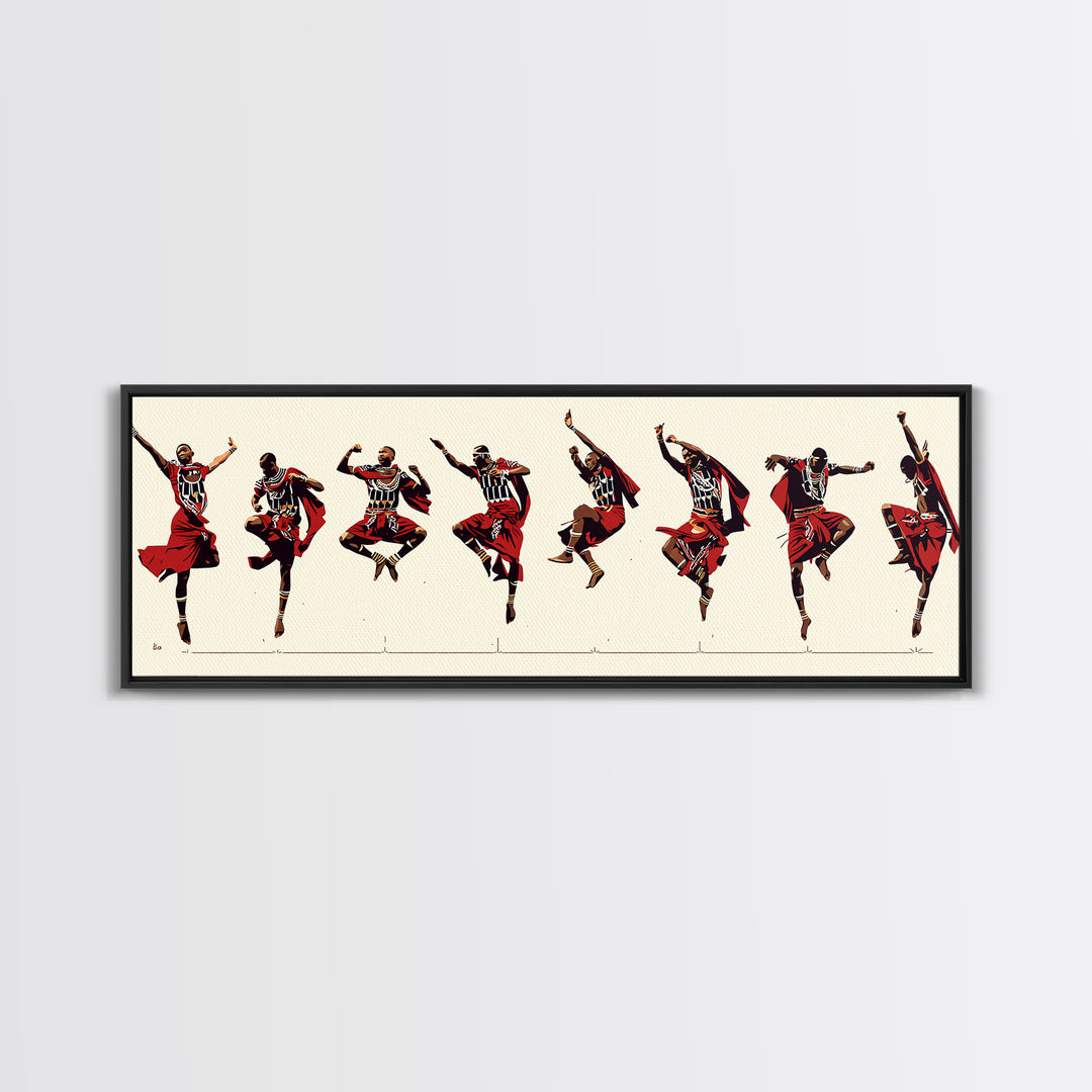 Traditional Maasai Dance Line Canvas Print, African Art Prints, Red Tribal Wall Decor, Afrocentric Culture Gift For Home