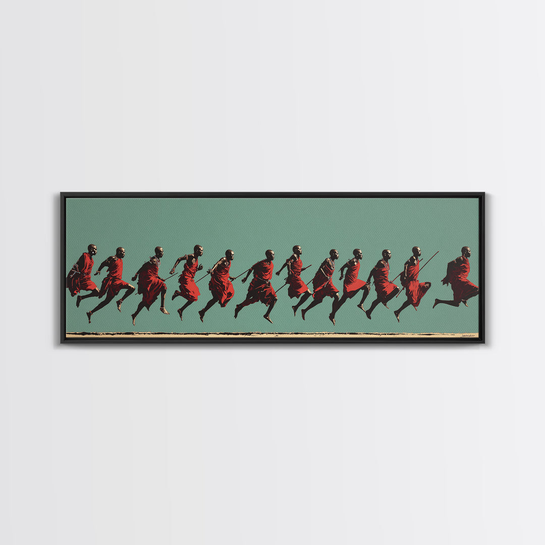 Dynamic Maasai Warriors Running Wall Art, African Warrior Art, Tribal Culture Canvas, Panoramic Safari Home Decor Art Gift