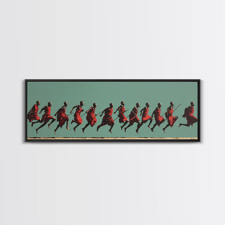 Dynamic Maasai Warriors Running Wall Art, African Warrior Art, Tribal Culture Canvas, Panoramic Safari Home Decor Art Gift