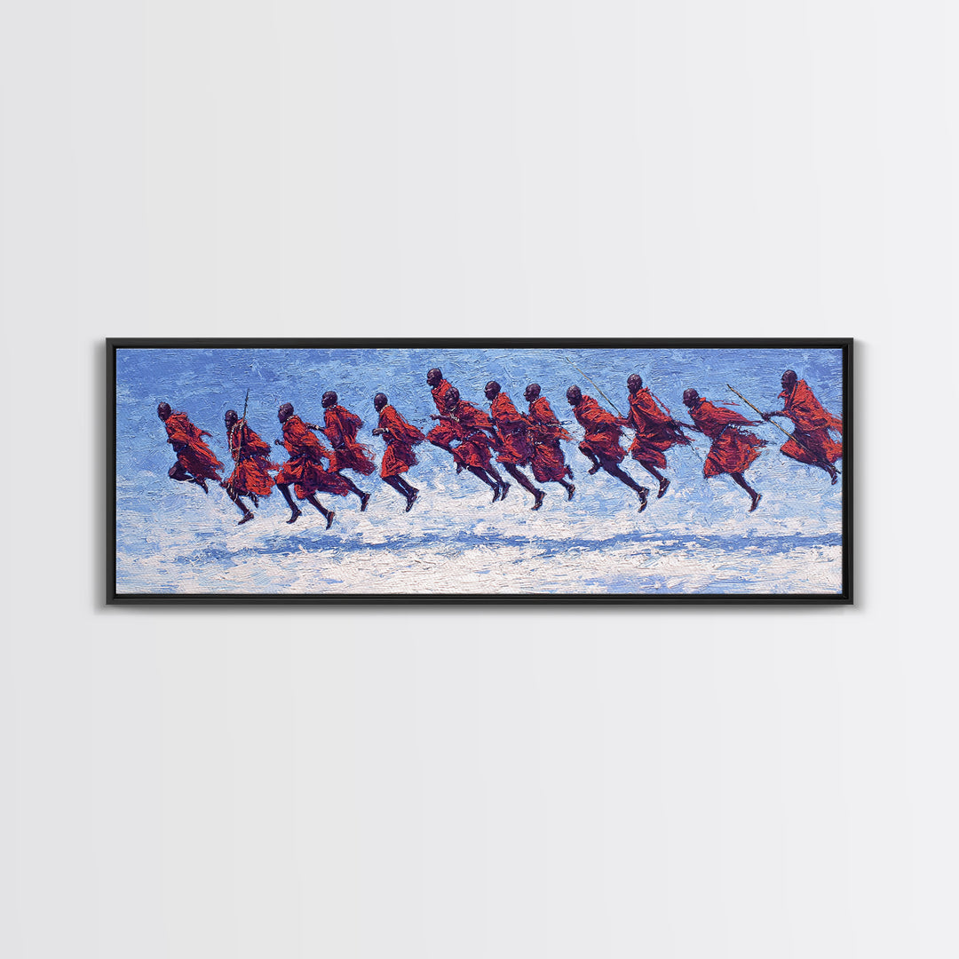 Blue Textured Maasai Warriors Running Wall Art, Abstract African Art, Tribal Safari Decor, Vibrant Panoramic Canvas Print