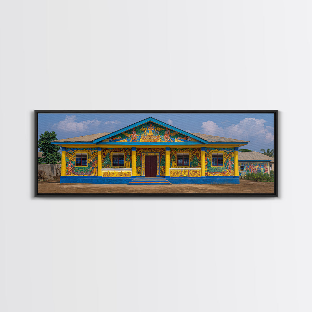 Painted African House Canvas Print, Bright Blue Yellow Facade, Folk Architecture Photography, Cultural Wall Decor Gift Print