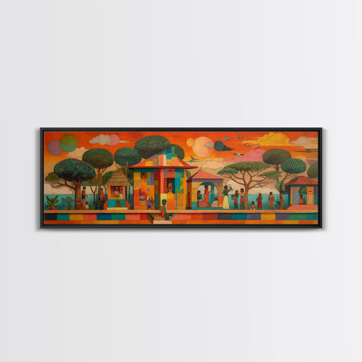Modern African Village Framed Canvas Print, Sunset Trees And Colorful Homes, Afrocentric Landscape Decor, Cultural Wall Art