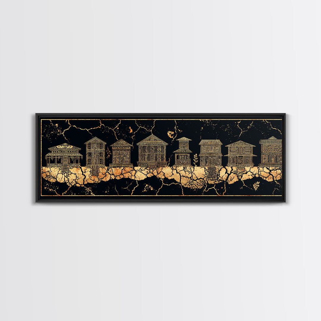 Gold African Village Wall Art, Black Crackle Line Houses, Tribal Architecture Print, Luxury Afrocentric Statement Decor Gift