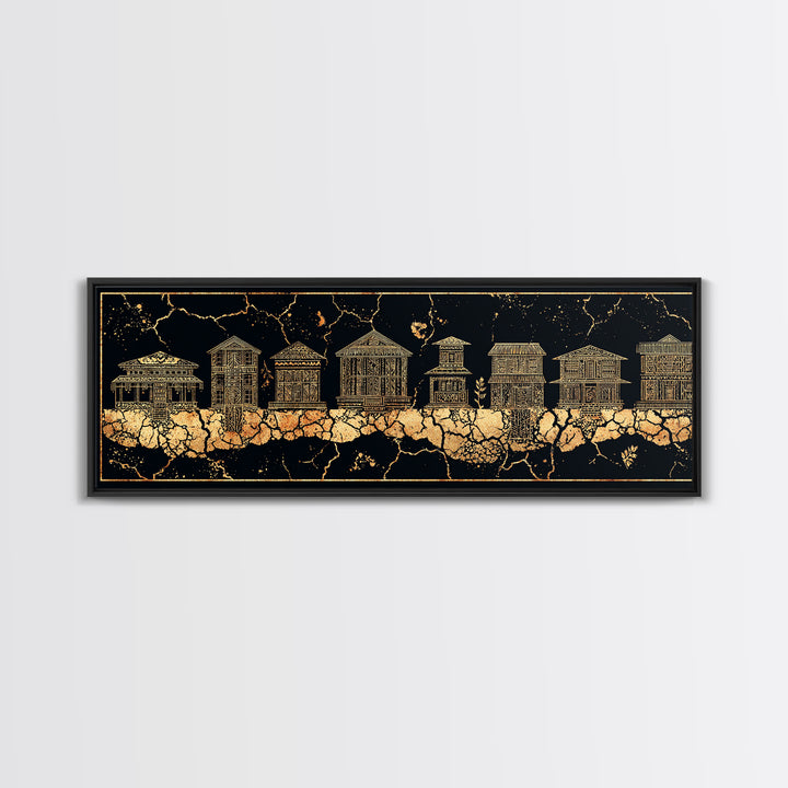 Gold African Village Wall Art, Black Crackle Line Houses, Tribal Architecture Print, Luxury Afrocentric Statement Decor Gift